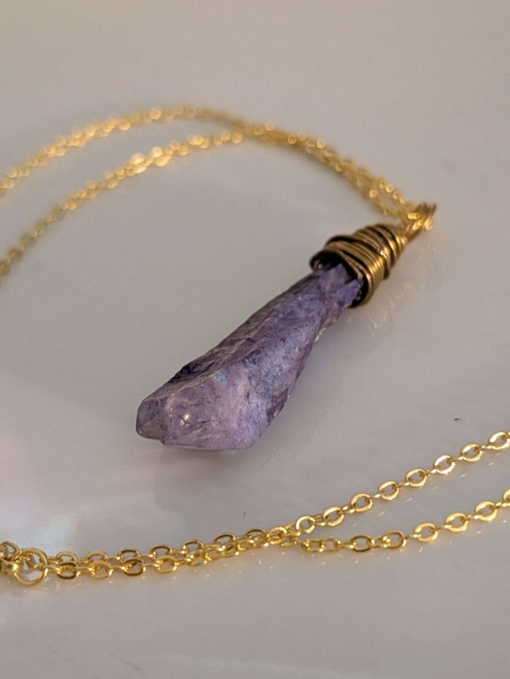 Purple Raw Crystal Point Necklace Wire Wrapped Gold Tone Chain Boho (01)